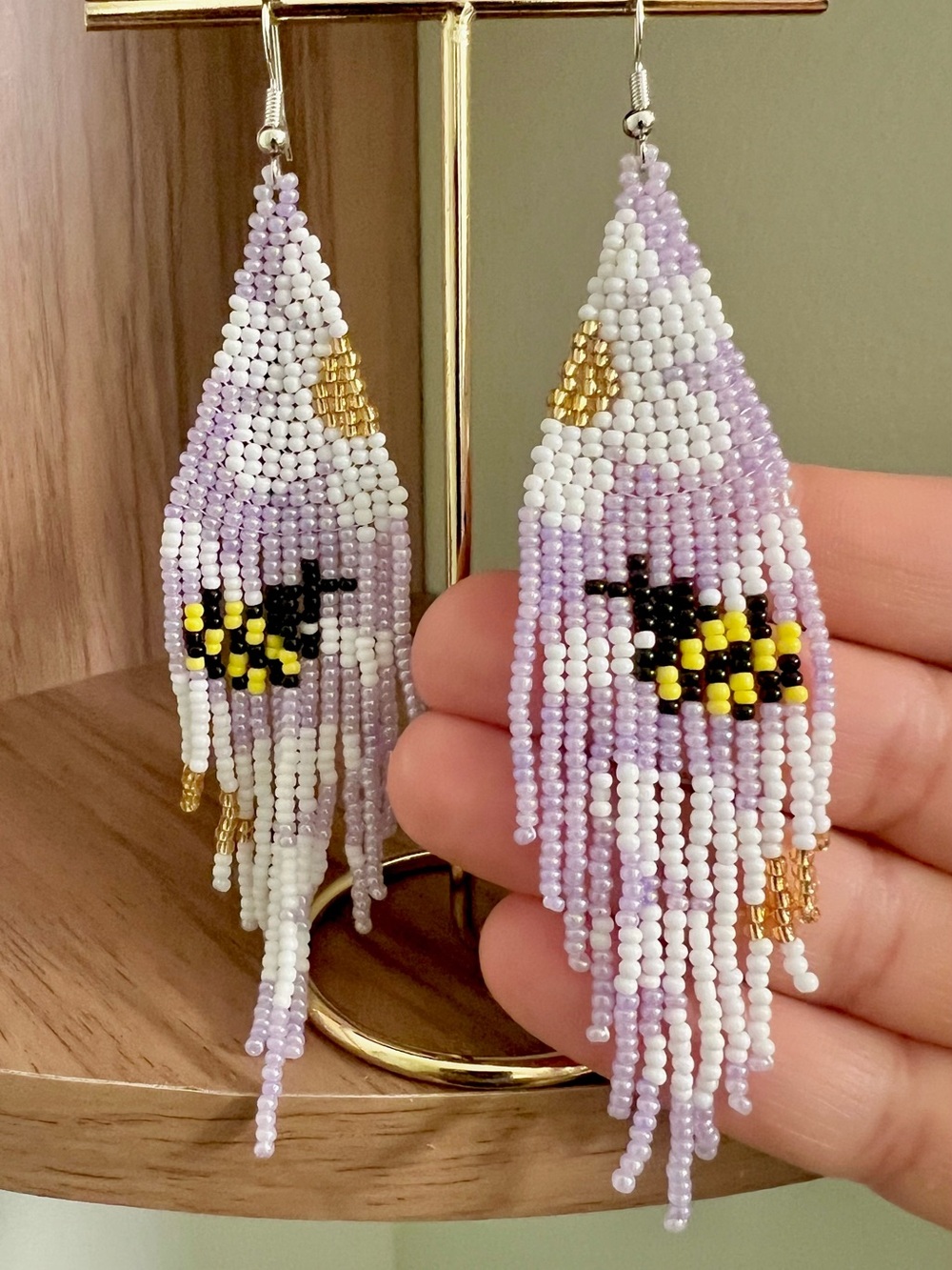 Handmade Lavender & White Beaded Bee Fringe Earrings